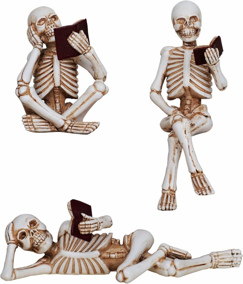 Dlfghos 3 Pieces Halloween Skeleton Statue Halloween Skull Figurine Home Decor Reading Skeleton Figurines Decorations for Indoor Fireplace Home Kitchen Desk Office Party - Image 1